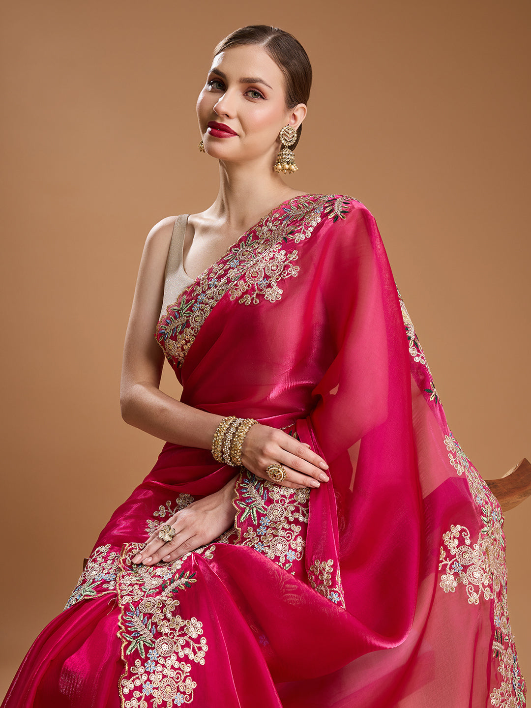 Jyoti Fashion Women's Rani Pink Jimmy Choo Embroidered & Coding Designer Saree with Blouse | Swadesiicart