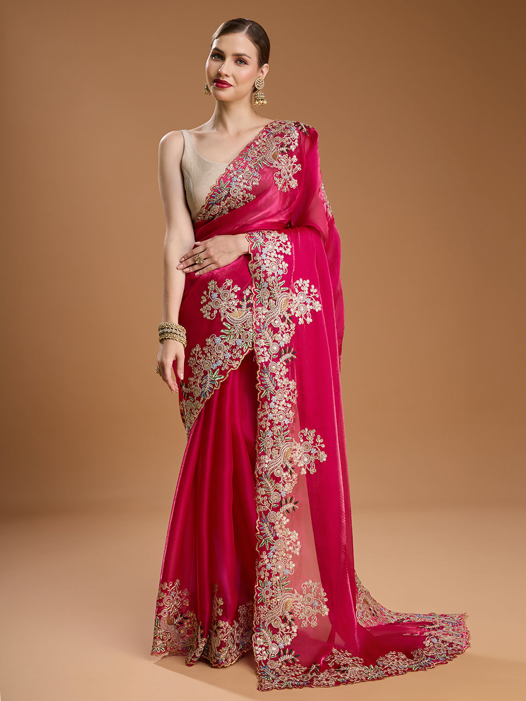 Jyoti Fashion Women's Rani Pink Jimmy Choo Embroidered & Coding Designer Saree with Blouse | Swadesiicart