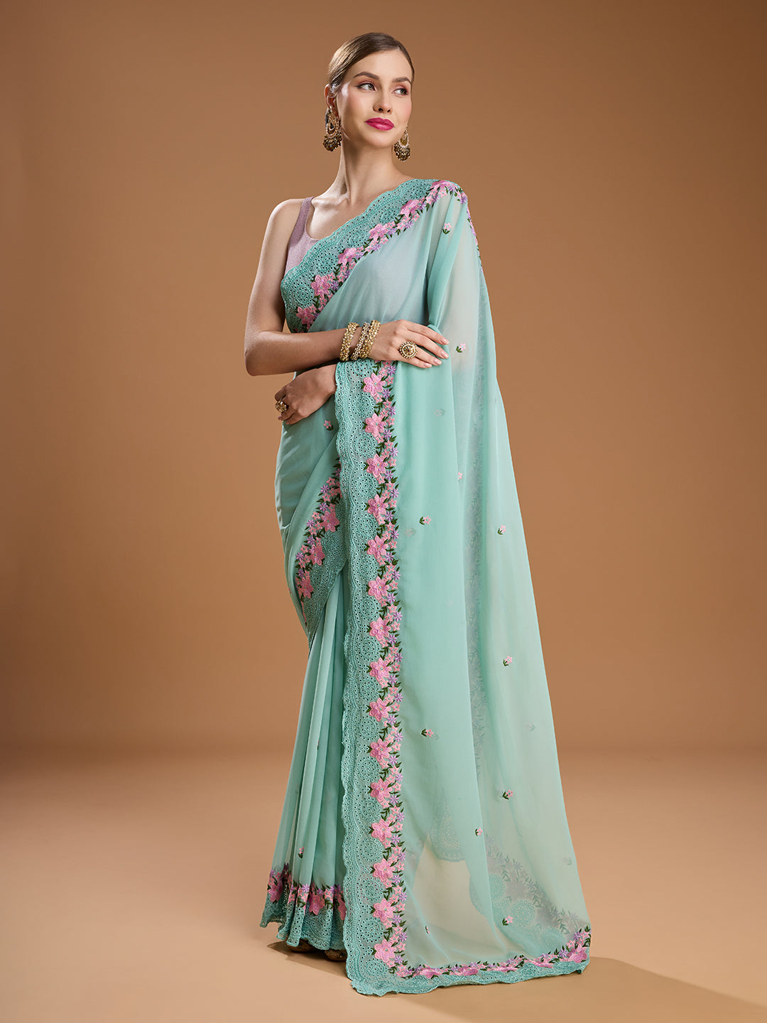 Jyoti Fashion Women's Sky Blue Chiffon Satin Embroidered Designer Saree with Blouse | Swadesiicart