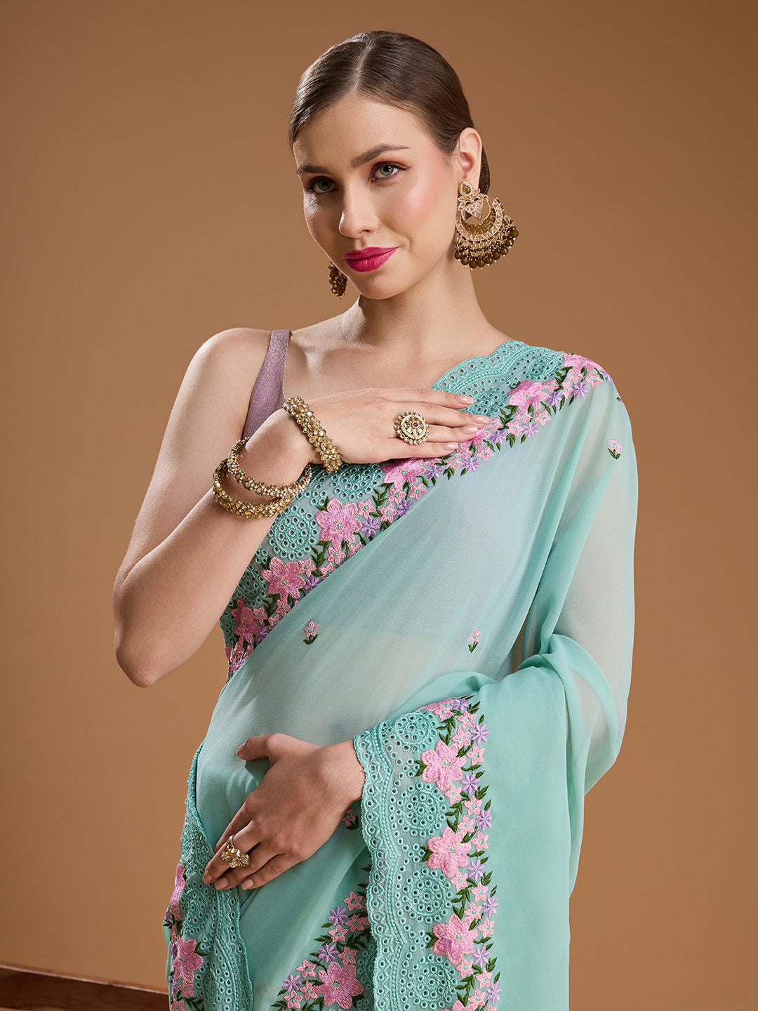 Jyoti Fashion Women's Sky Blue Chiffon Satin Embroidered Designer Saree with Blouse | Swadesiicart