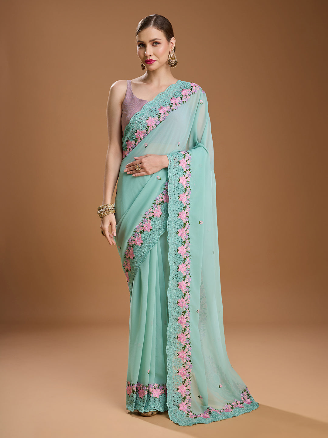 Jyoti Fashion Women's Sky Blue Chiffon Satin Embroidered Designer Saree with Blouse | Swadesiicart