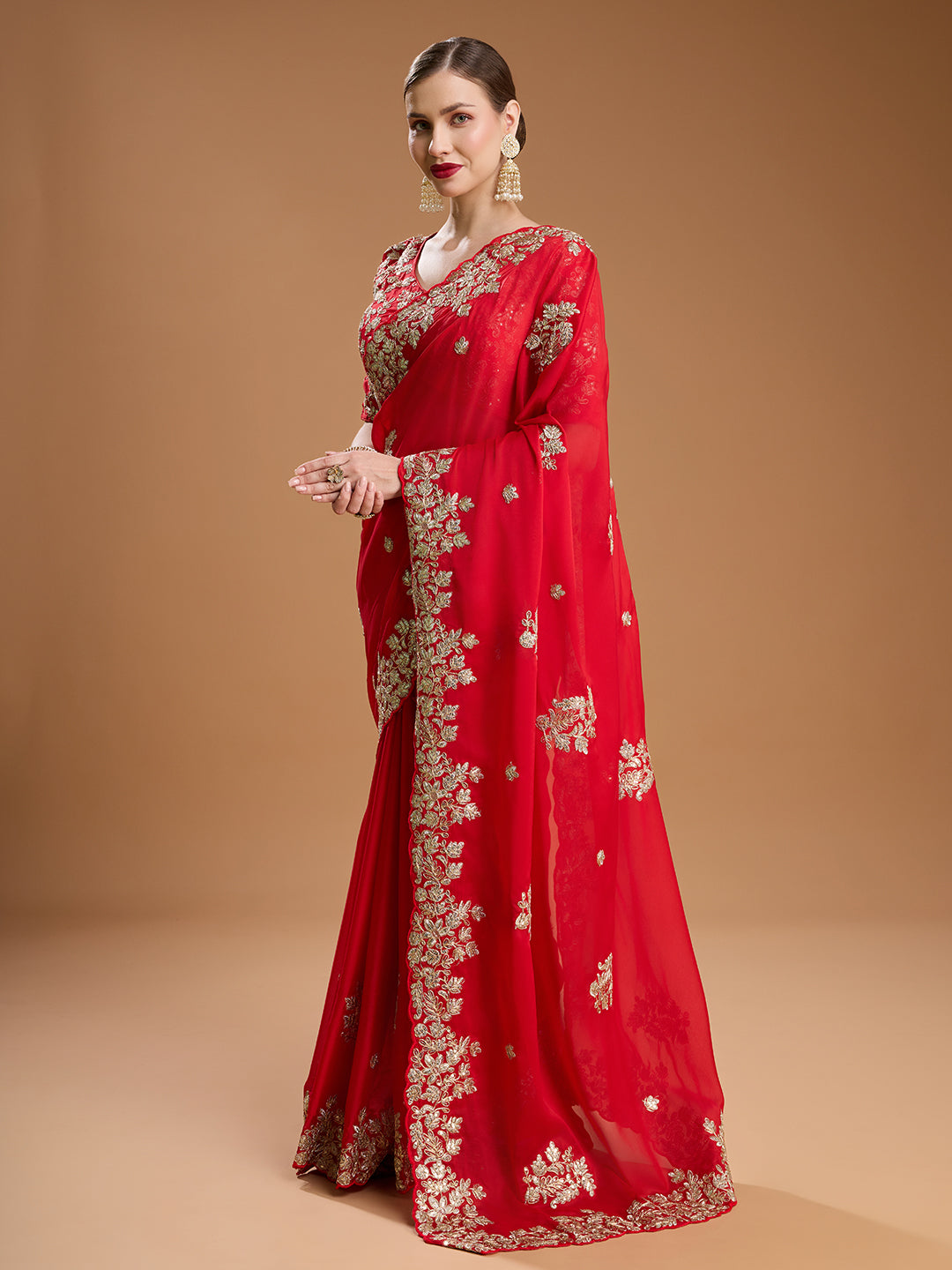 Jyoti Fashion Women's Red Jimmy Choo Embroidered & Coding Designer Saree with Blouse | Swadesiicart