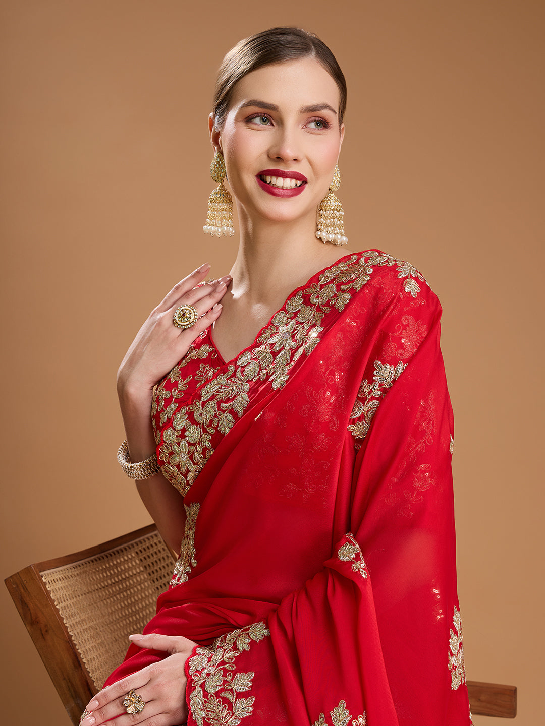 Jyoti Fashion Women's Red Jimmy Choo Embroidered & Coding Designer Saree with Blouse | Swadesiicart