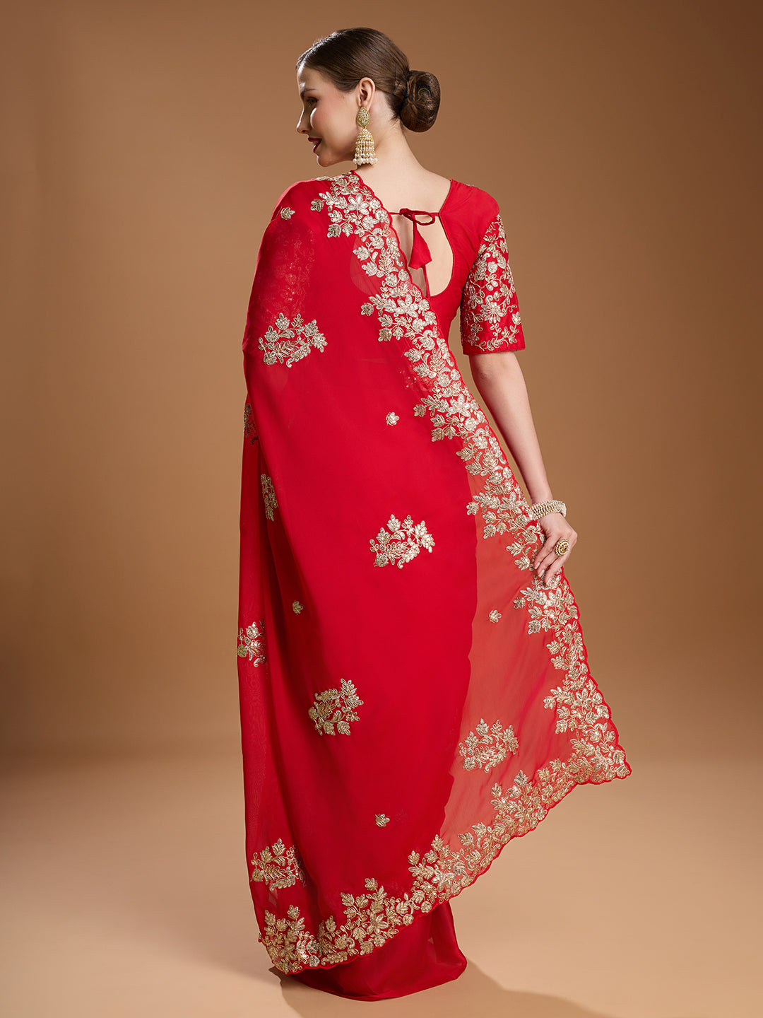 Jyoti Fashion Women's Red Jimmy Choo Embroidered & Coding Designer Saree with Blouse | Swadesiicart
