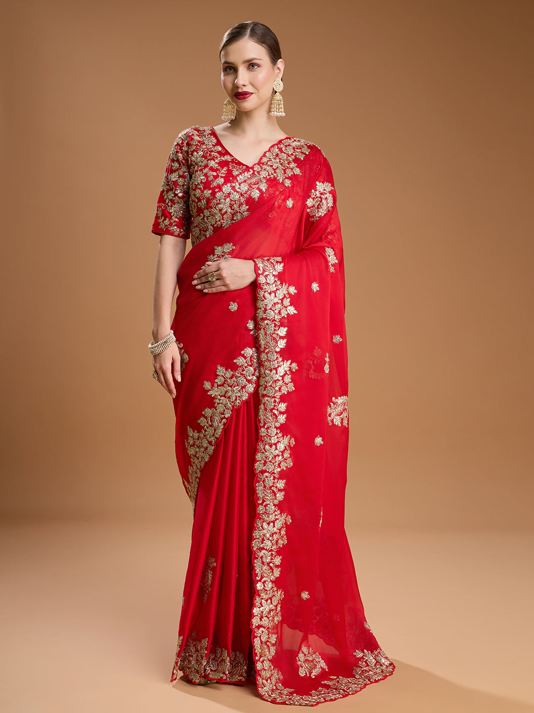 Jyoti Fashion Women's Red Jimmy Choo Embroidered & Coding Designer Saree with Blouse | Swadesiicart