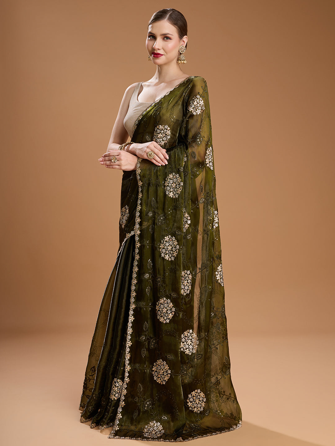 Jyoti Fashion Women's Dark Green Jimmy Choo Sequins Embroidered Designer Saree with Blouse | Swadesiicart