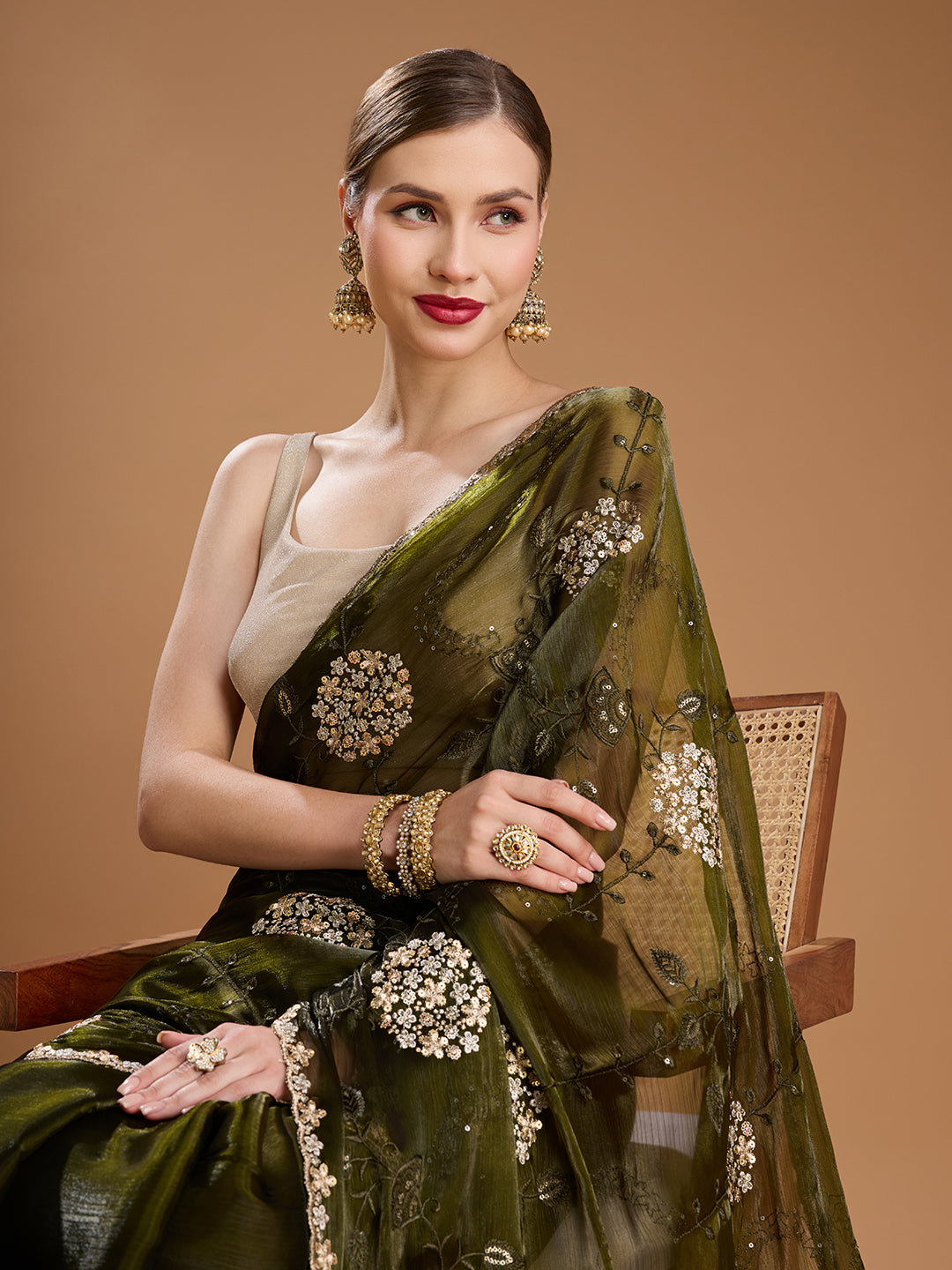 Jyoti Fashion Women's Dark Green Jimmy Choo Sequins Embroidered Designer Saree with Blouse | Swadesiicart