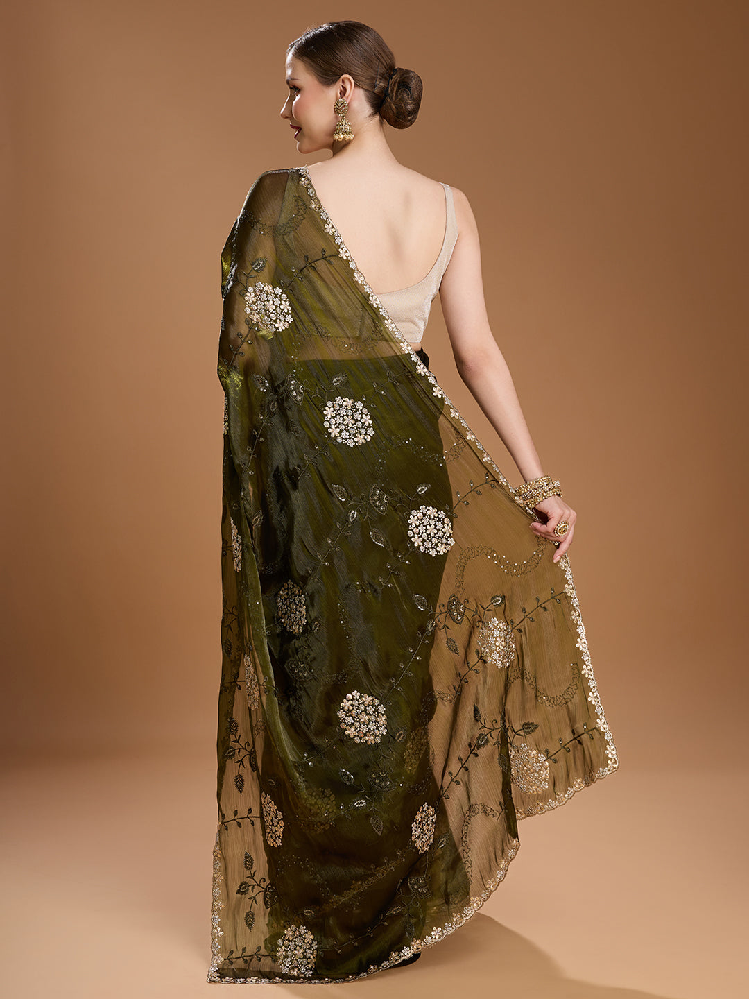 Jyoti Fashion Women's Dark Green Jimmy Choo Sequins Embroidered Designer Saree with Blouse | Swadesiicart