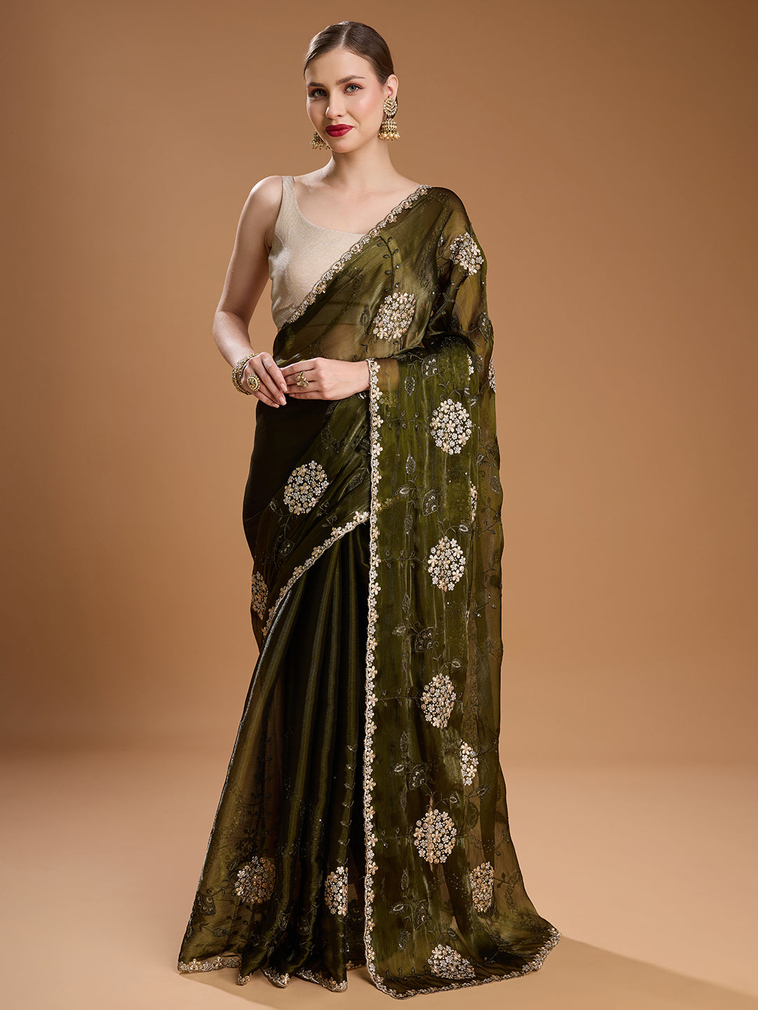 Jyoti Fashion Women's Dark Green Jimmy Choo Sequins Embroidered Designer Saree with Blouse | Swadesiicart