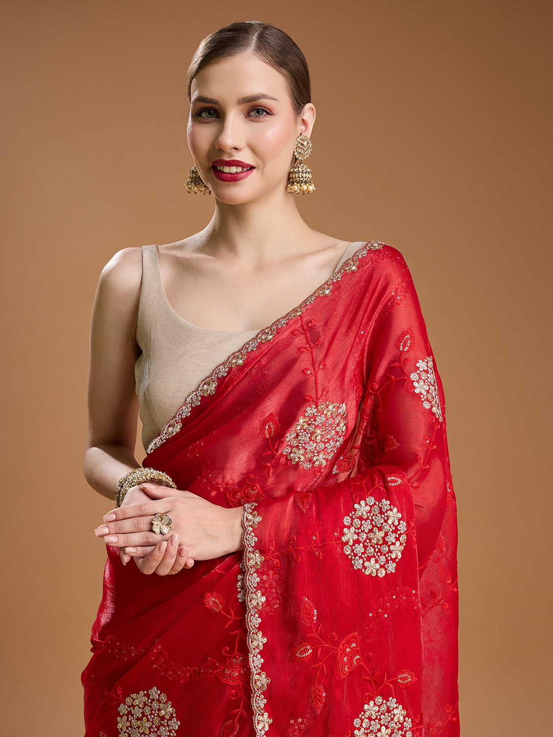 Jyoti Fashion Women's Maroon Jimmy Choo Sequins Embroidered Designer Saree with Blouse | Swadesiicart