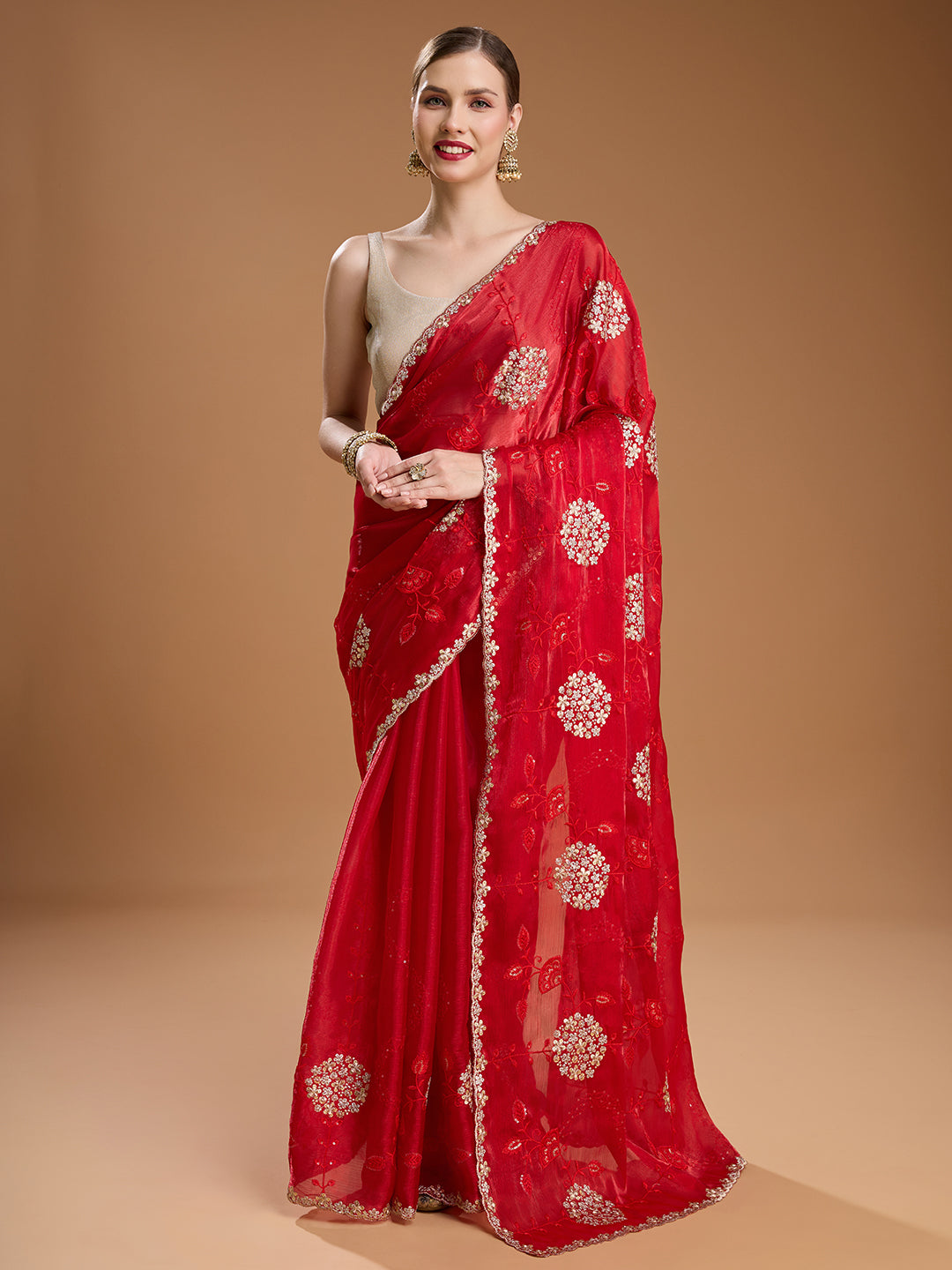 Jyoti Fashion Women's Maroon Jimmy Choo Sequins Embroidered Designer Saree with Blouse | Swadesiicart