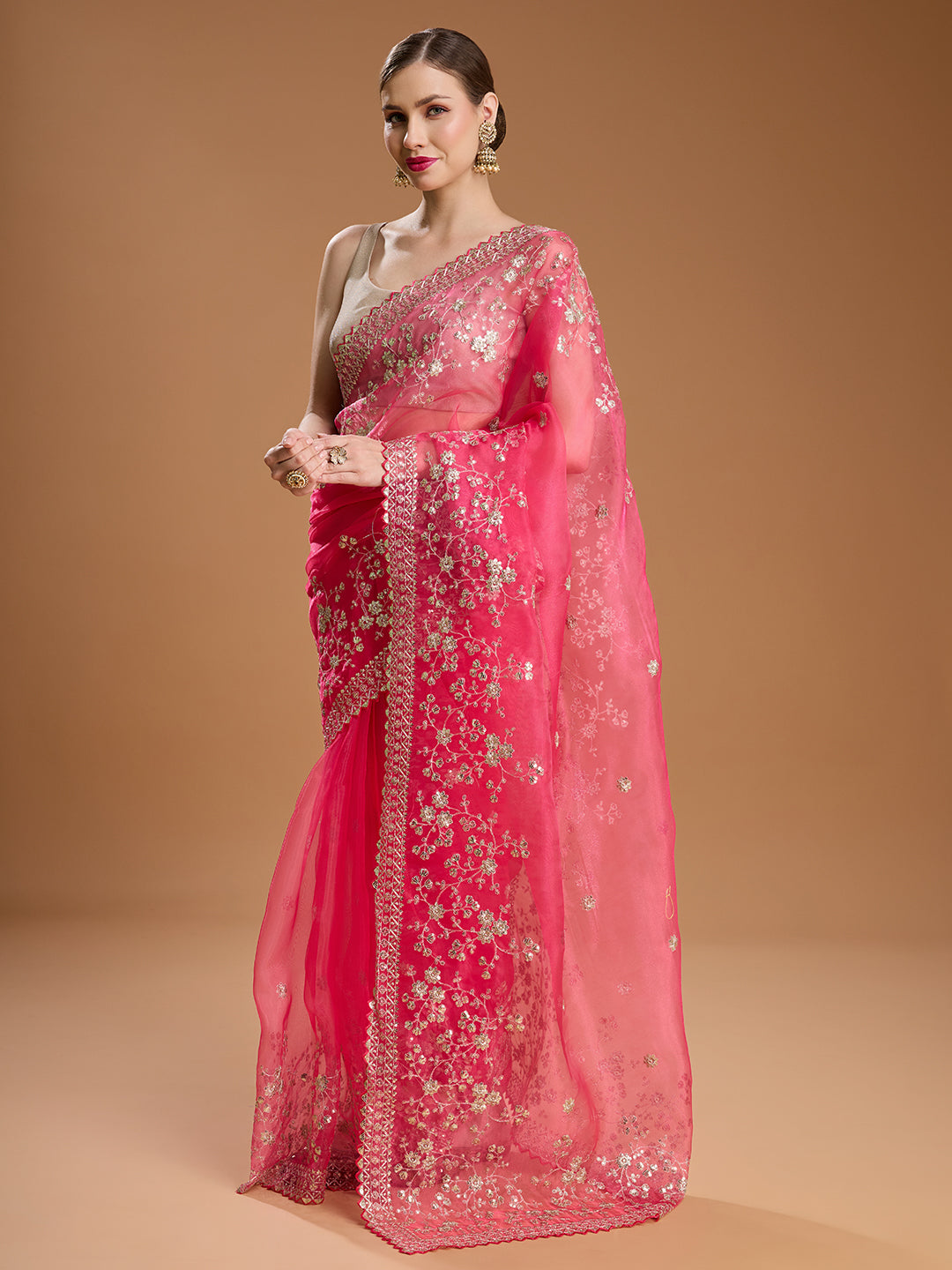 Jyoti Fashion Women's Pink Net Sequins Embroidered Designer Saree with Blouse | Swadesiicart