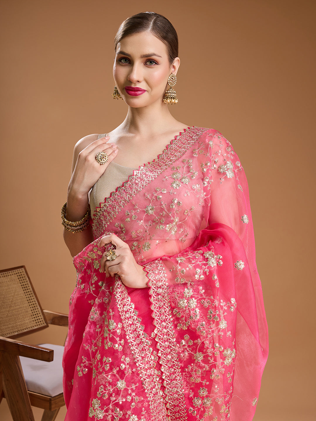 Jyoti Fashion Women's Pink Net Sequins Embroidered Designer Saree with Blouse | Swadesiicart
