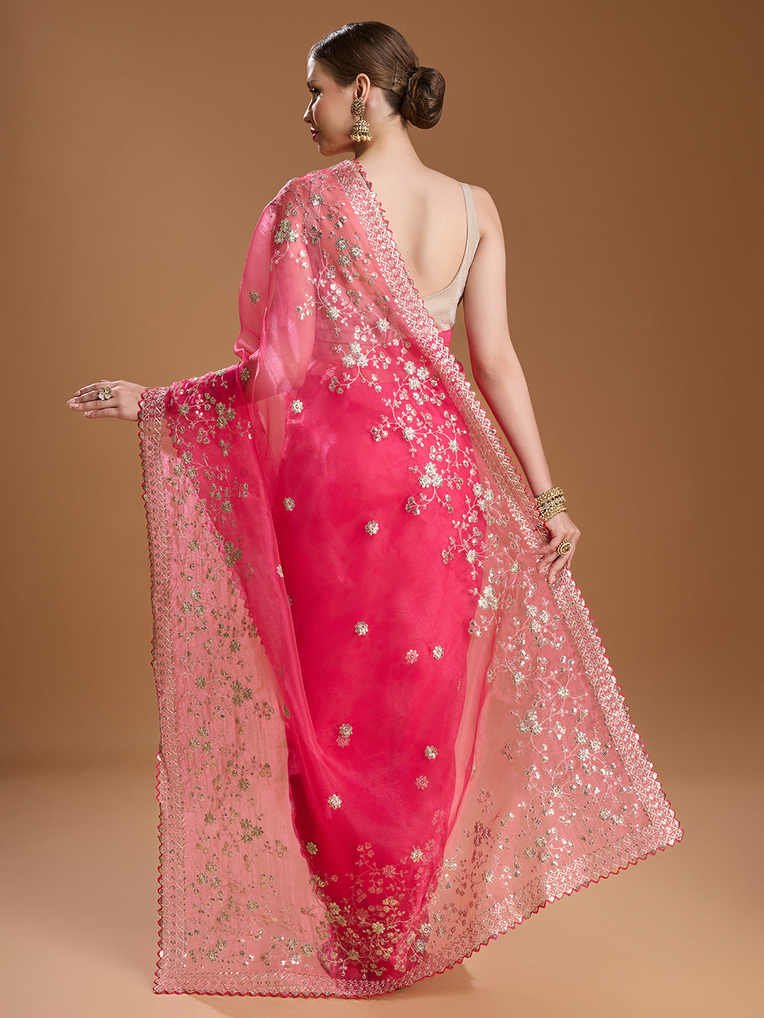 Jyoti Fashion Women's Pink Net Sequins Embroidered Designer Saree with Blouse | Swadesiicart