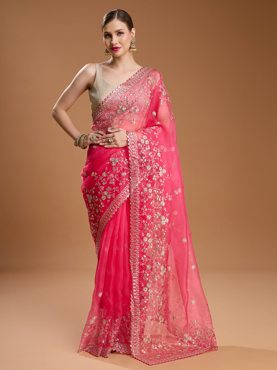 Jyoti Fashion Women's Pink Net Sequins Embroidered Designer Saree with Blouse | Swadesiicart