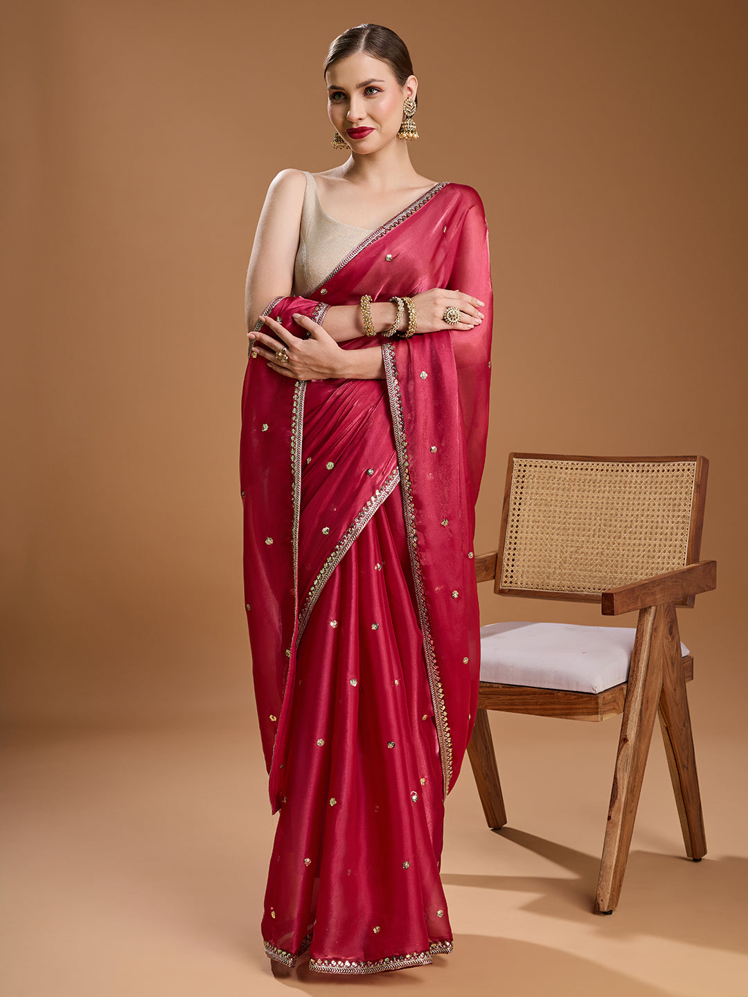 Jyoti Fashion Women's Gajri Red Jimmy Choo Sequins Embroidered Designer Saree with Blouse | Swadesiicart