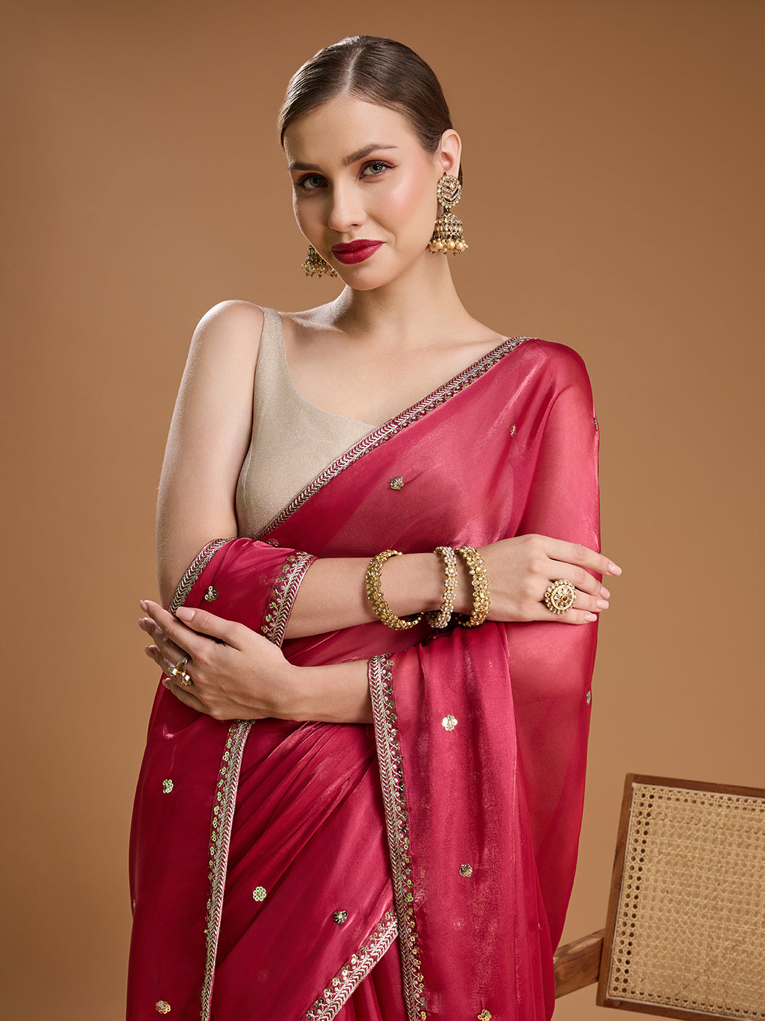 Jyoti Fashion Women's Gajri Red Jimmy Choo Sequins Embroidered Designer Saree with Blouse | Swadesiicart