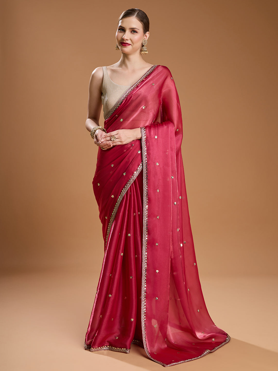 Jyoti Fashion Women's Gajri Red Jimmy Choo Sequins Embroidered Designer Saree with Blouse | Swadesiicart