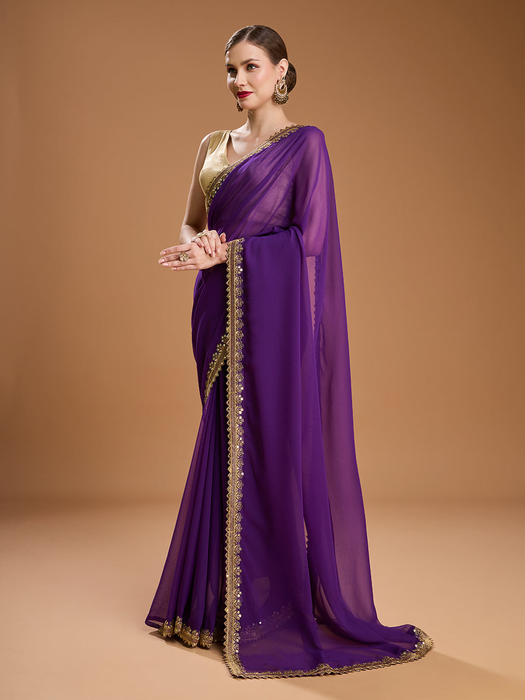 Jyoti Fashion Women's Purple Georgette Sequins Embroidered Designer Saree with Blouse | Swadesiicart