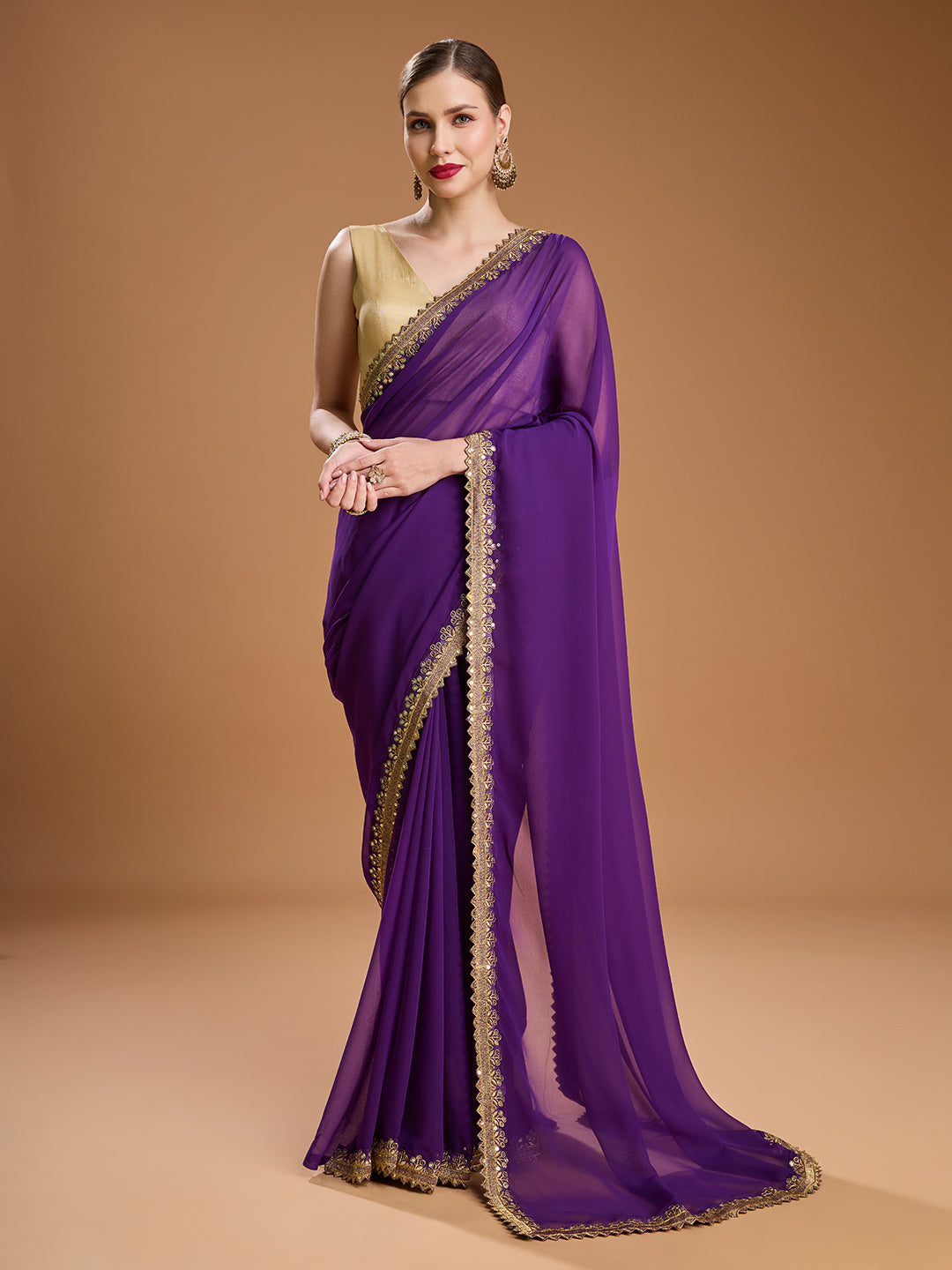 Jyoti Fashion Women's Purple Georgette Sequins Embroidered Designer Saree with Blouse | Swadesiicart