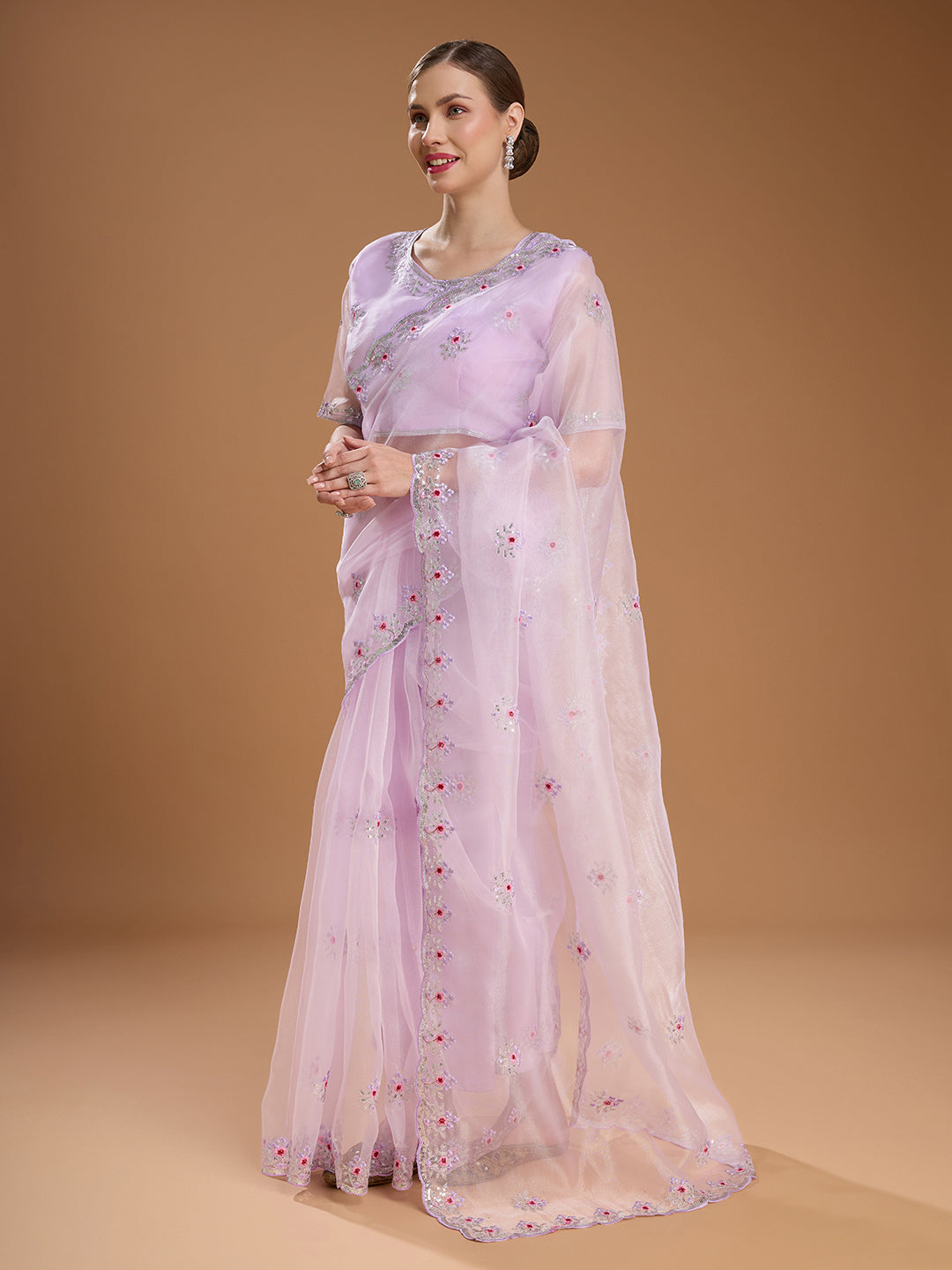 Jyoti Fashion Women's Light Purple Net Sequins Embroidered Designer Saree with Blouse | Swadesiicart