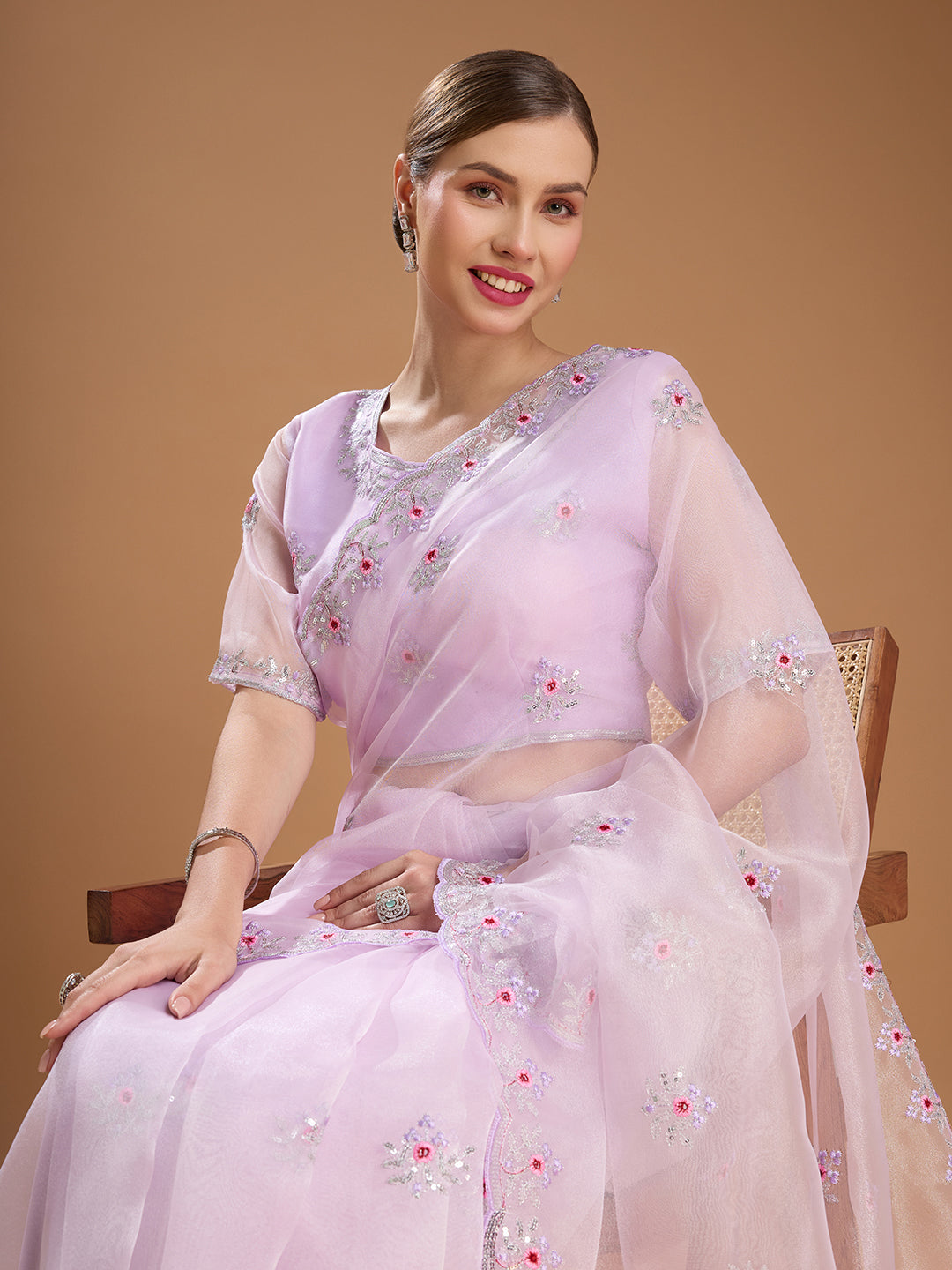 Jyoti Fashion Women's Light Purple Net Sequins Embroidered Designer Saree with Blouse | Swadesiicart