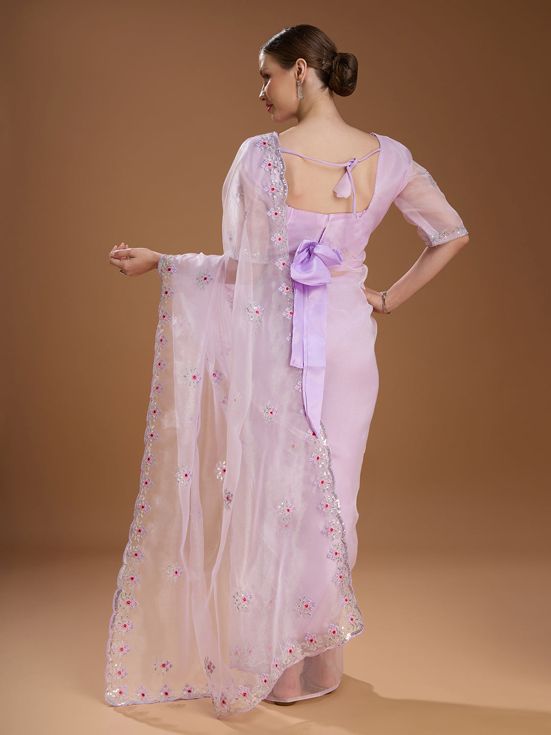 Jyoti Fashion Women's Light Purple Net Sequins Embroidered Designer Saree with Blouse | Swadesiicart