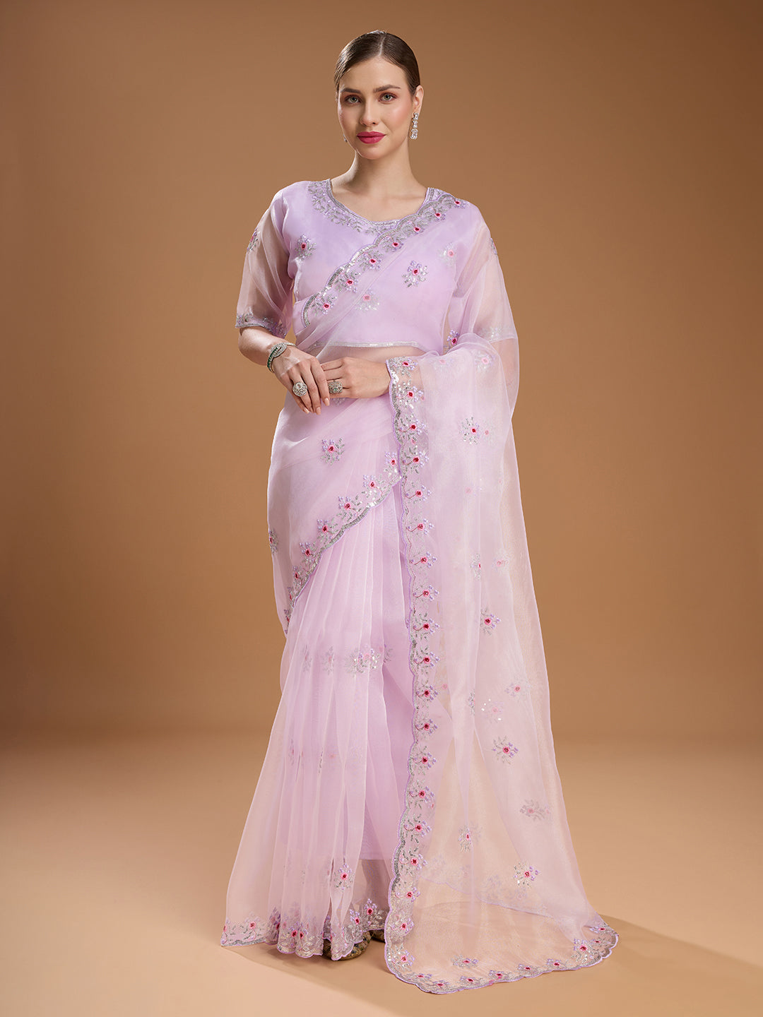 Jyoti Fashion Women's Light Purple Net Sequins Embroidered Designer Saree with Blouse | Swadesiicart