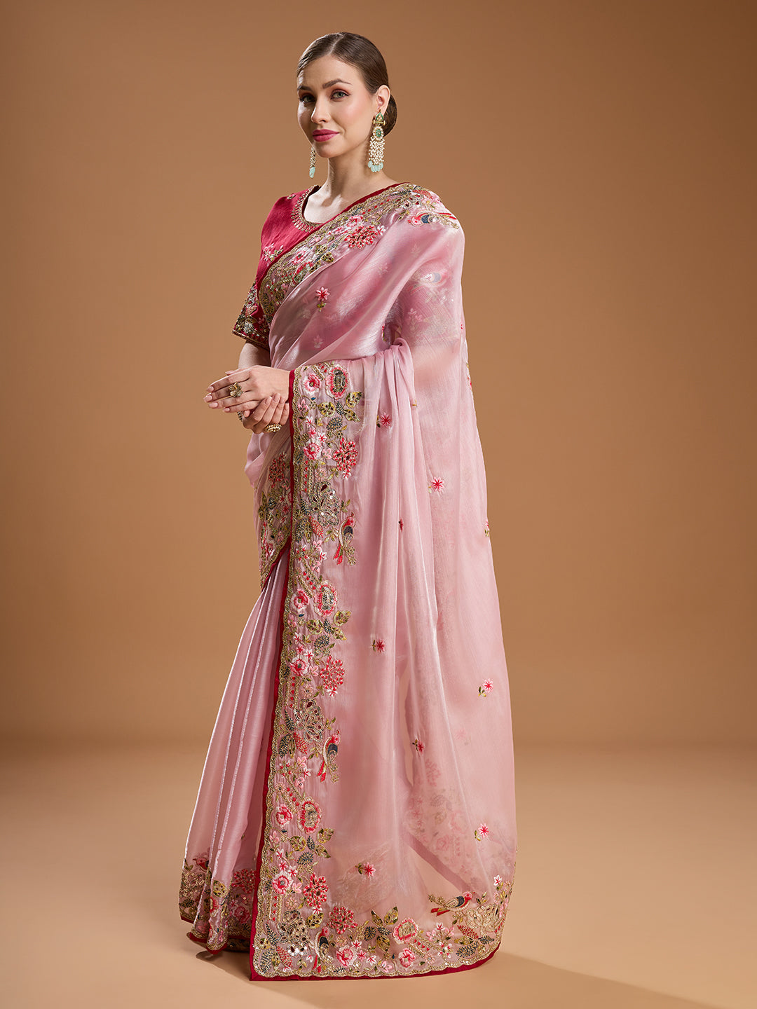 Jyoti Fashion Women's Baby Pink Jimmy Choo Sequins Coding Embroidered Designer Saree with Blouse | Swadesiicart