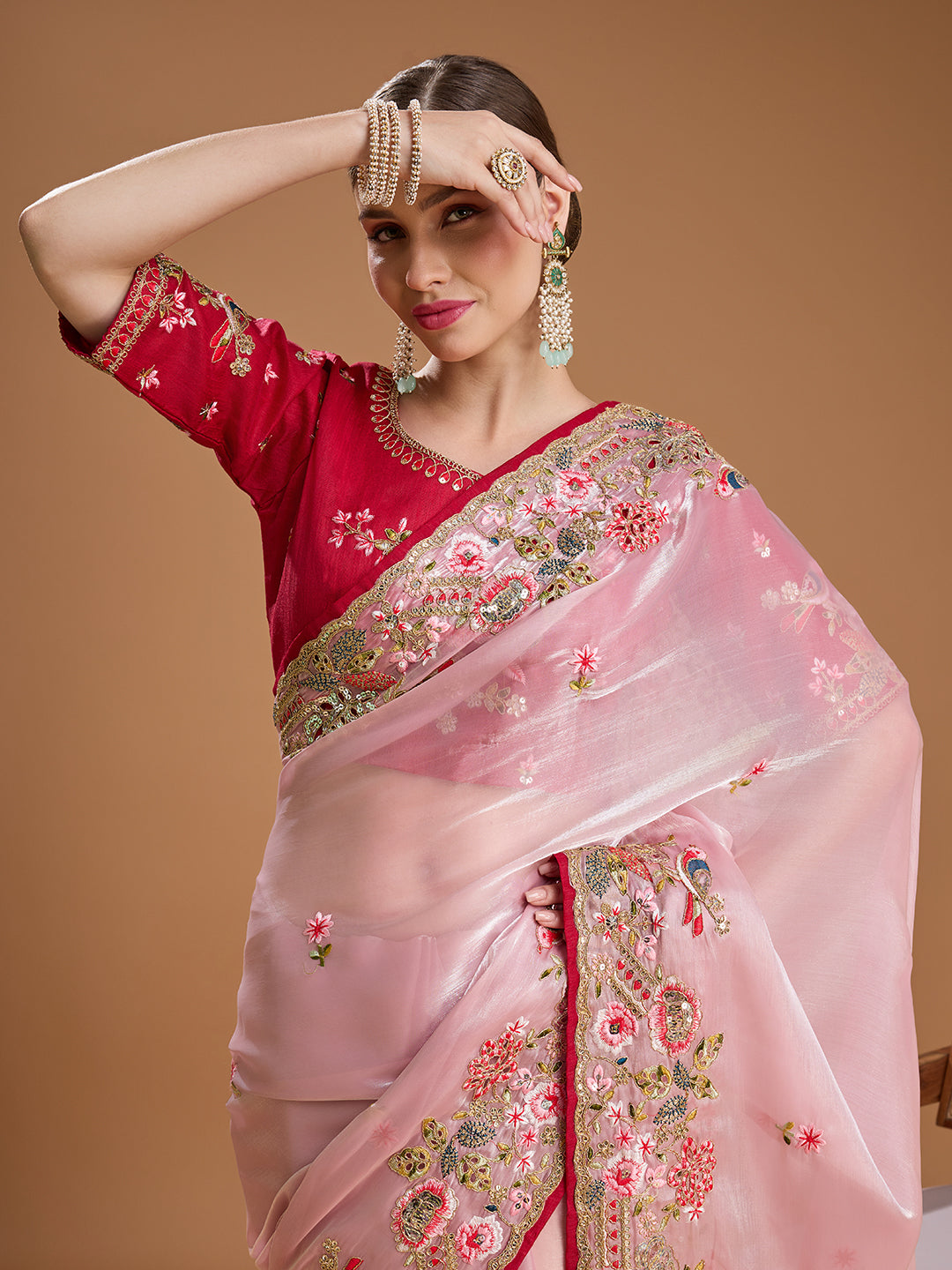 Jyoti Fashion Women's Baby Pink Jimmy Choo Sequins Coding Embroidered Designer Saree with Blouse | Swadesiicart