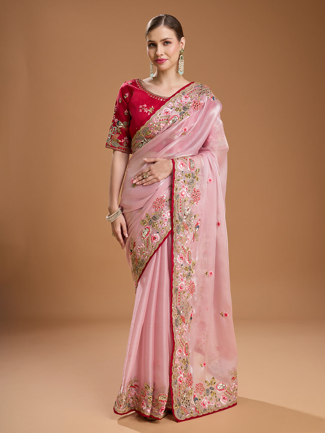 Jyoti Fashion Women's Baby Pink Jimmy Choo Sequins Coding Embroidered Designer Saree with Blouse | Swadesiicart