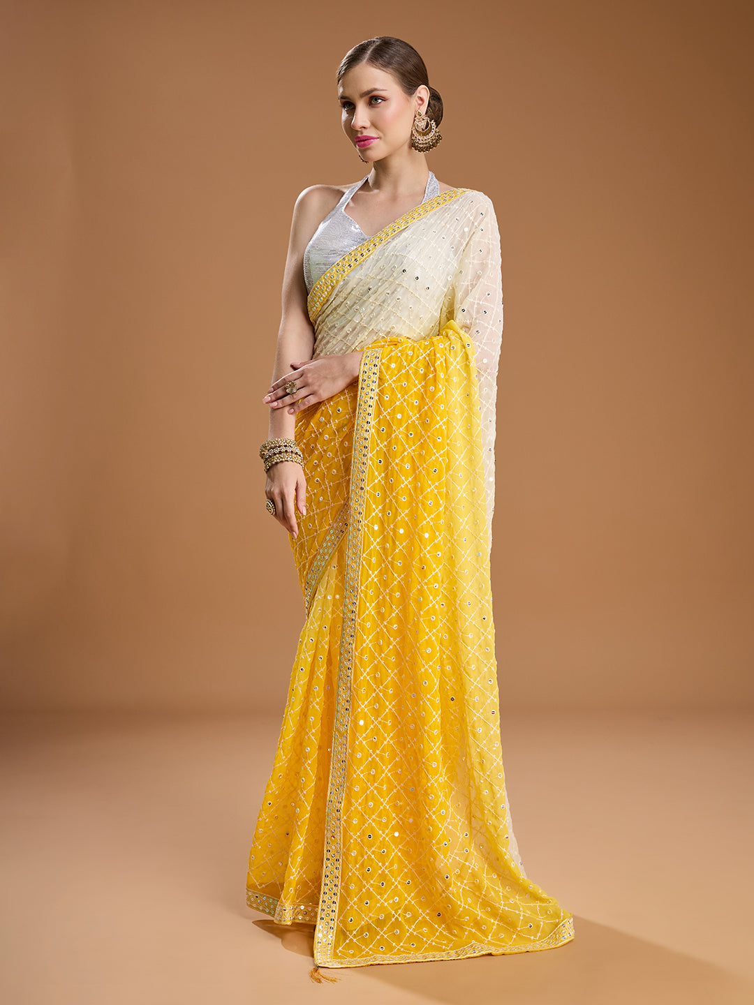 Jyoti Fashion Women's Yellow Georgette Embroidered Mirror Designer Saree with Blouse | Swadesiicart