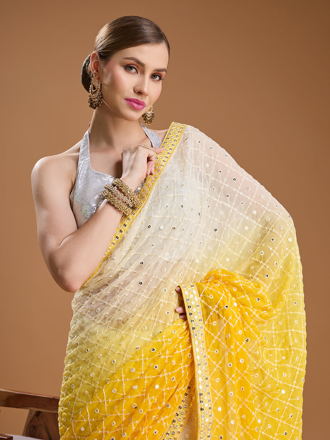 Jyoti Fashion Women's Yellow Georgette Embroidered Mirror Designer Saree with Blouse | Swadesiicart