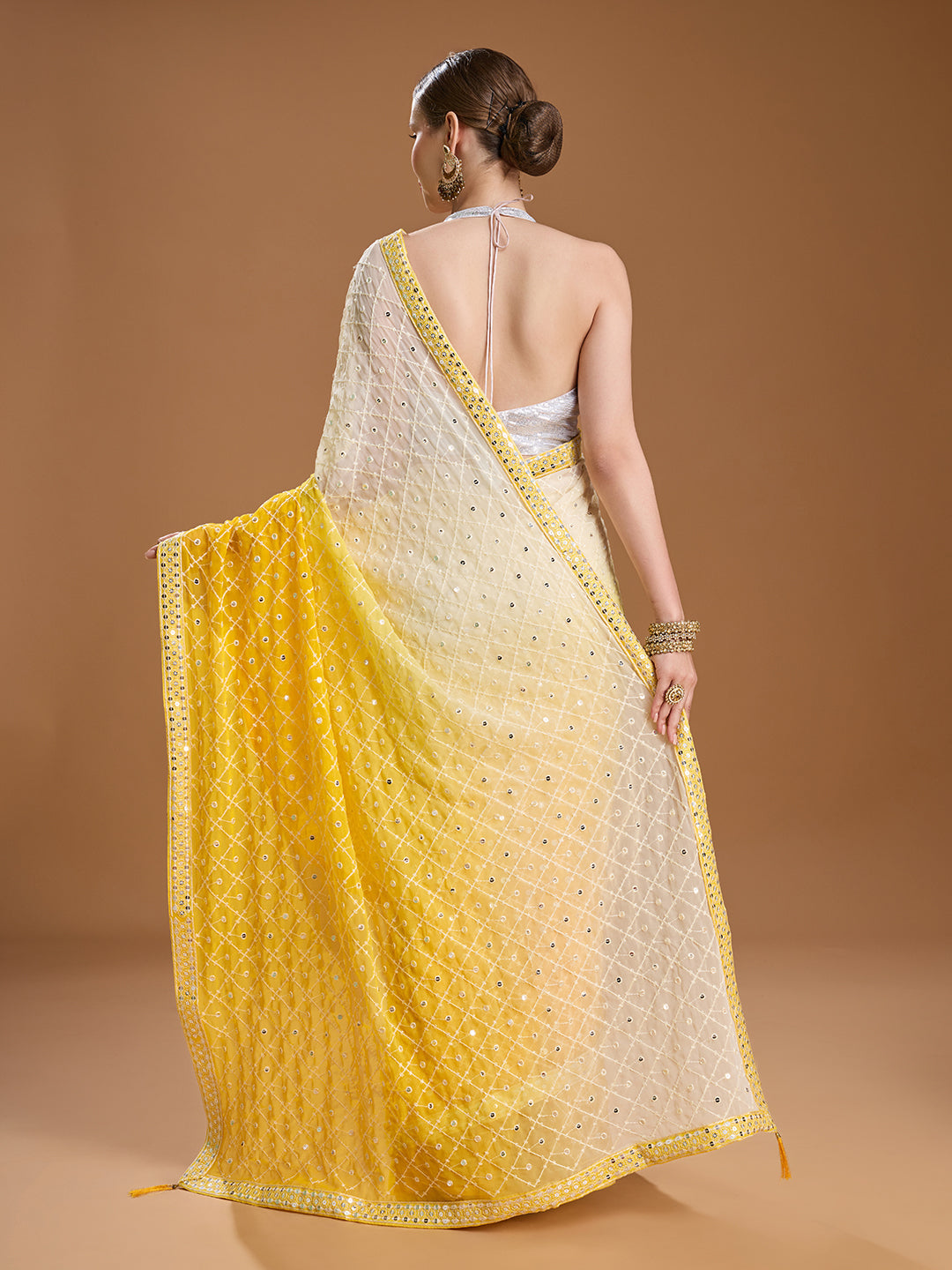 Jyoti Fashion Women's Yellow Georgette Embroidered Mirror Designer Saree with Blouse | Swadesiicart