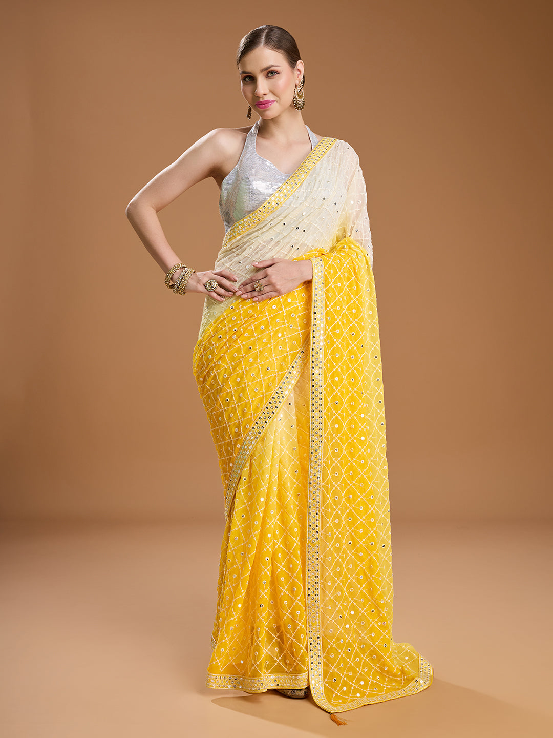 Jyoti Fashion Women's Yellow Georgette Embroidered Mirror Designer Saree with Blouse | Swadesiicart