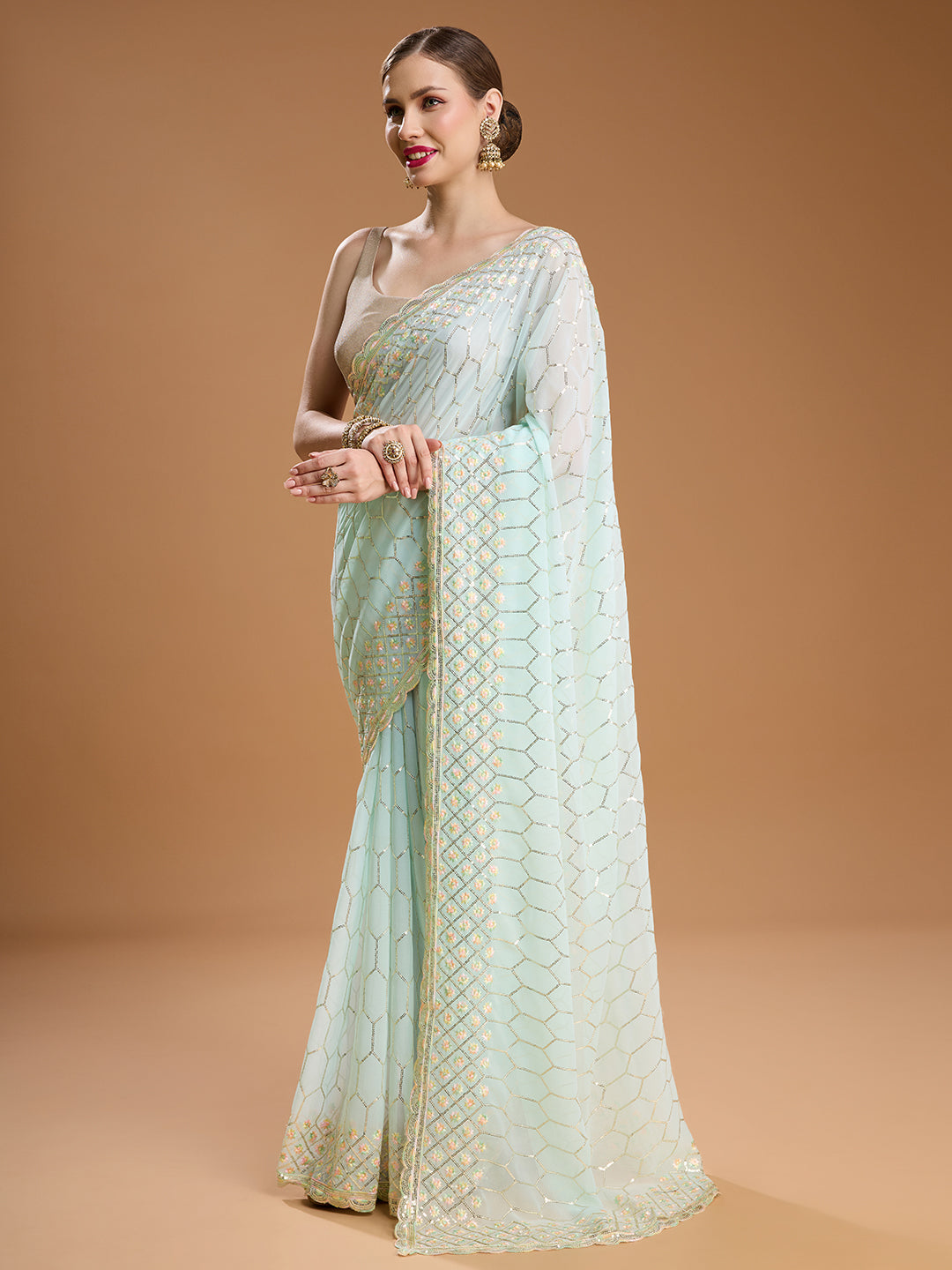 Jyoti Fashion Women's Sky Blue Georgette Sequins Embroidered Designer Saree with Blouse | Swadesiicart