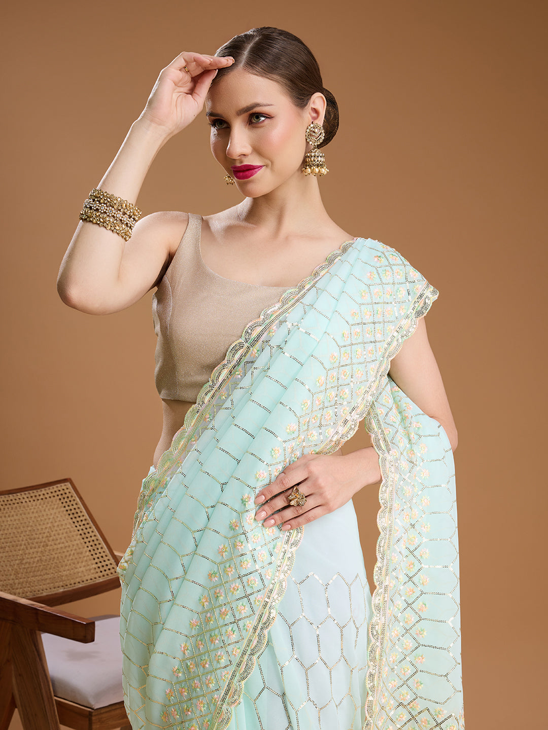 Jyoti Fashion Women's Sky Blue Georgette Sequins Embroidered Designer Saree with Blouse | Swadesiicart
