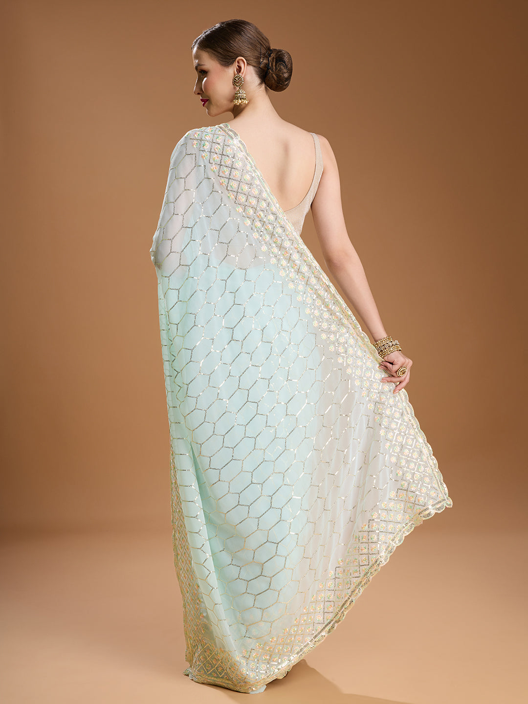 Jyoti Fashion Women's Sky Blue Georgette Sequins Embroidered Designer Saree with Blouse | Swadesiicart