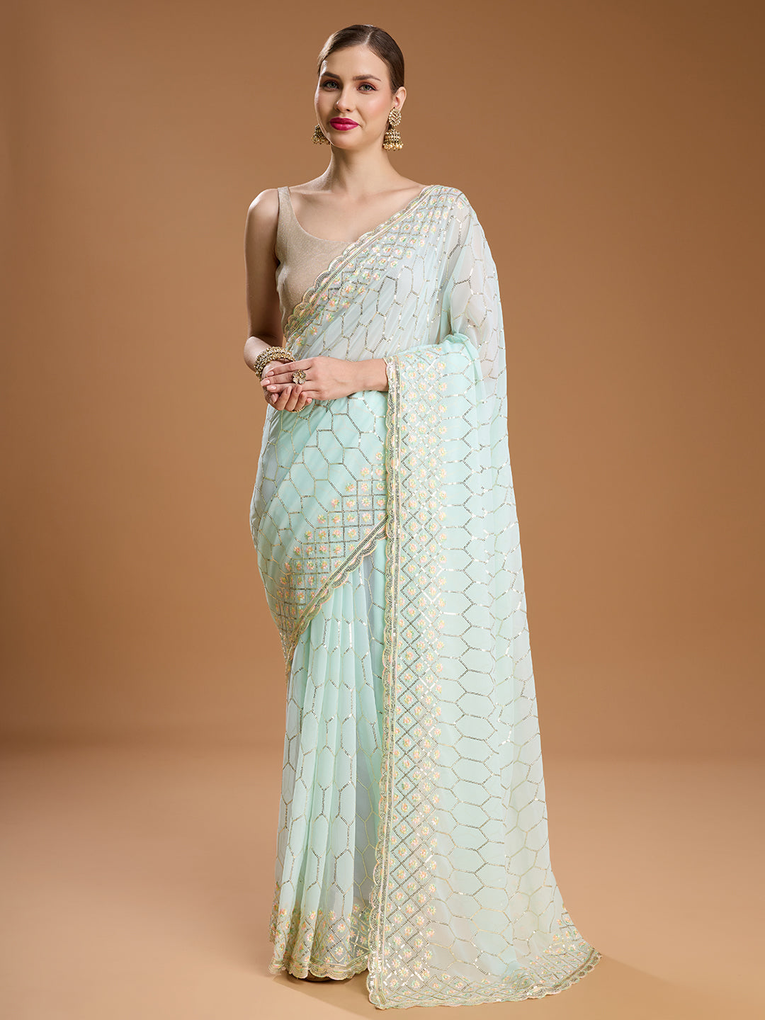 Jyoti Fashion Women's Sky Blue Georgette Sequins Embroidered Designer Saree with Blouse | Swadesiicart