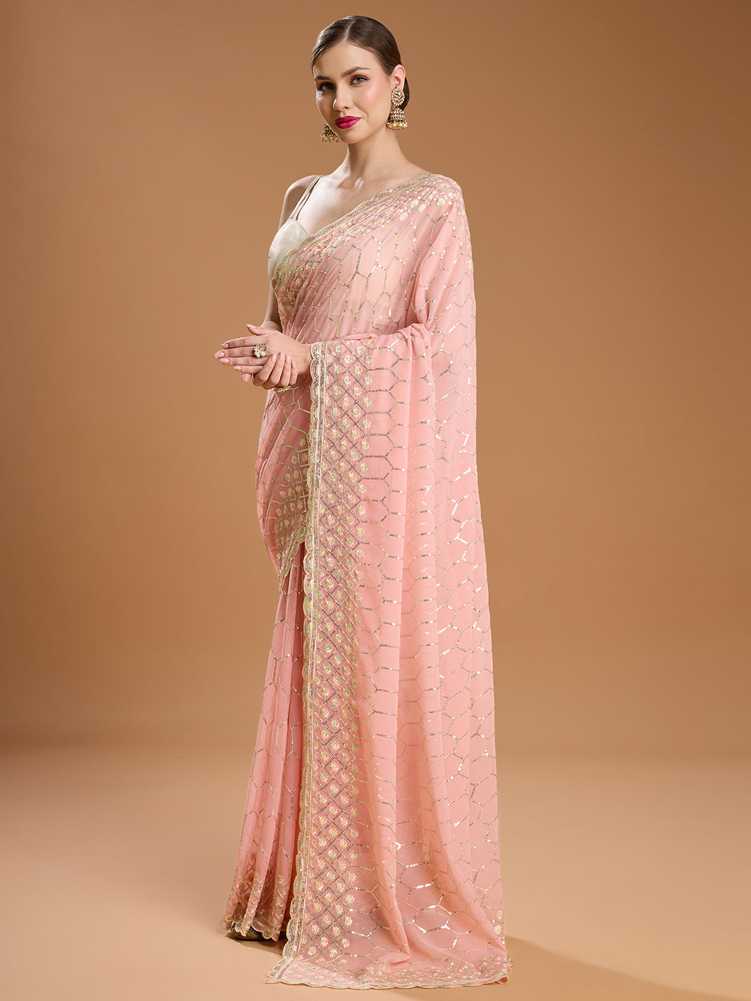 Jyoti Fashion Women's Peach Georgette Sequins Embroidered Designer Saree with Blouse | Swadesiicart