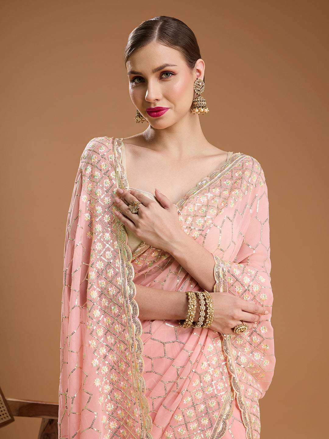 Jyoti Fashion Women's Peach Georgette Sequins Embroidered Designer Saree with Blouse | Swadesiicart