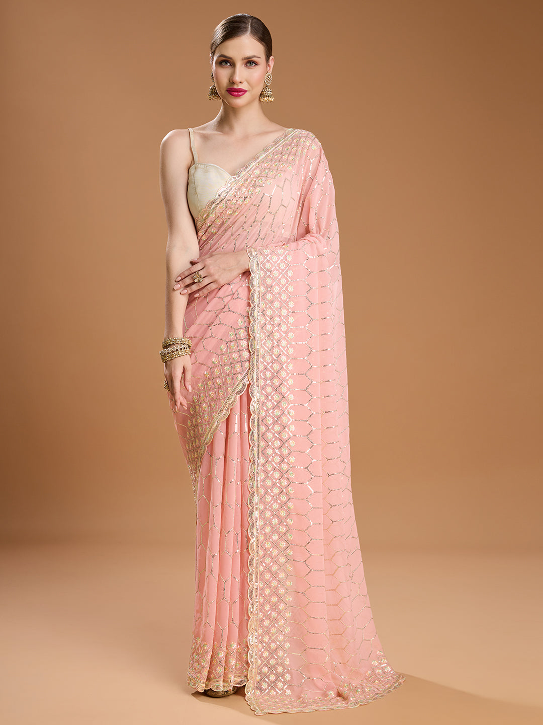 Jyoti Fashion Women's Peach Georgette Sequins Embroidered Designer Saree with Blouse | Swadesiicart