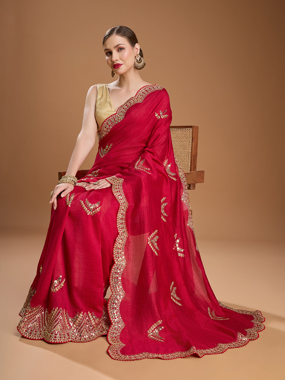Jyoti Fashion Women's Maroon Chiffon Satin Sequins Embroidered Designer Saree with Blouse | Swadesiicart
