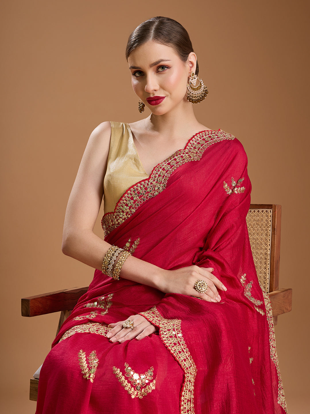 Jyoti Fashion Women's Maroon Chiffon Satin Sequins Embroidered Designer Saree with Blouse | Swadesiicart