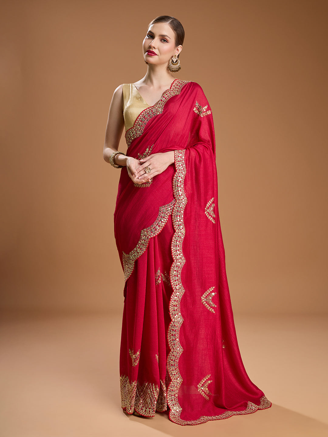 Jyoti Fashion Women's Maroon Chiffon Satin Sequins Embroidered Designer Saree with Blouse | Swadesiicart