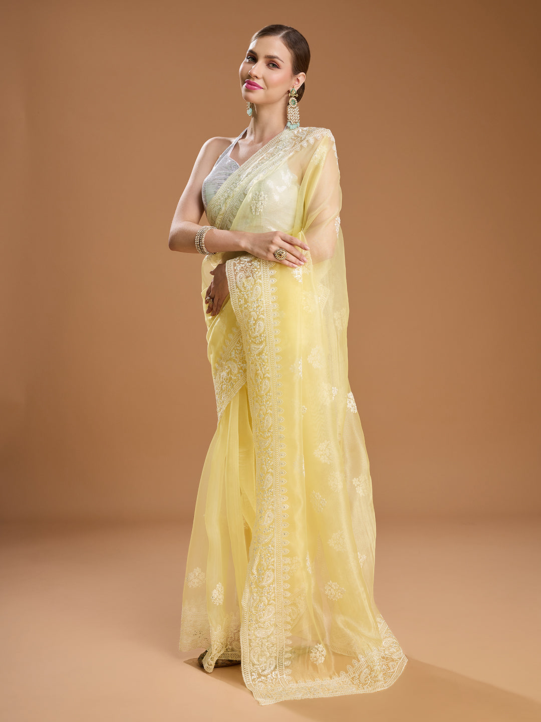 Jyoti Fashion Women's Yellow Net Sequins Embroidered Designer Saree with Blouse | Swadesiicart