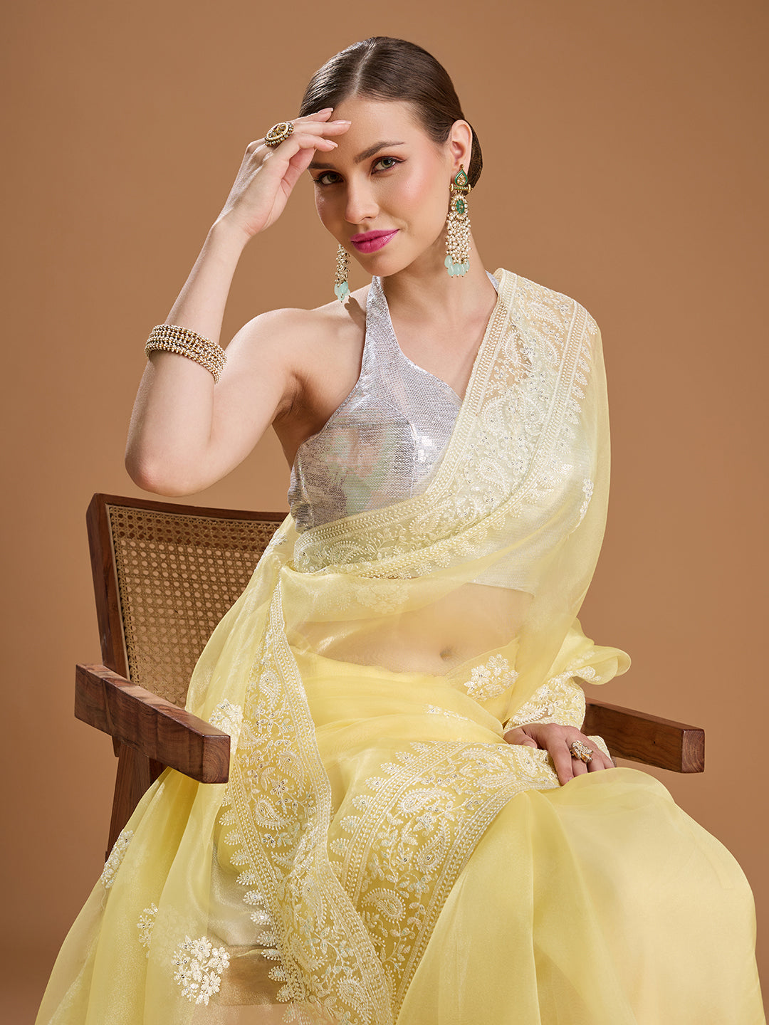 Jyoti Fashion Women's Yellow Net Sequins Embroidered Designer Saree with Blouse | Swadesiicart