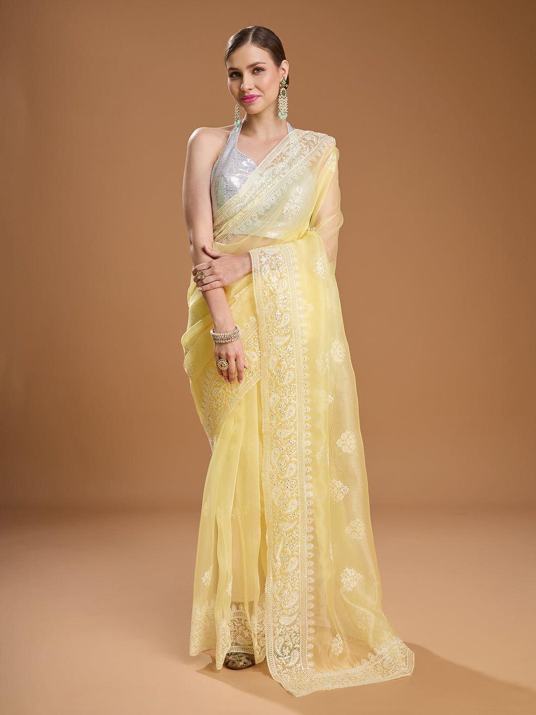 Jyoti Fashion Women's Yellow Net Sequins Embroidered Designer Saree with Blouse | Swadesiicart