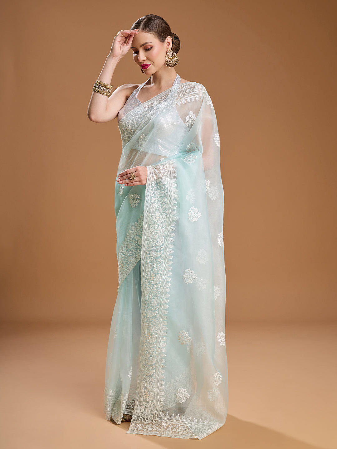 Jyoti Fashion Women's Sky Blue Net Sequins Embroidered Designer Saree with Blouse | Swadesiicart
