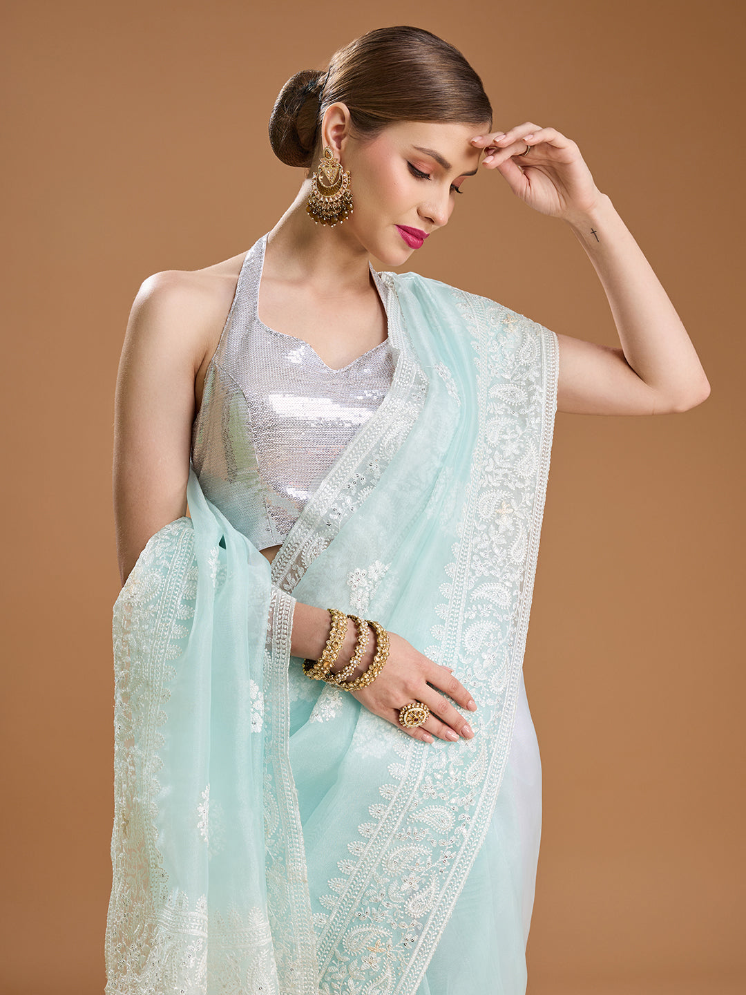 Jyoti Fashion Women's Sky Blue Net Sequins Embroidered Designer Saree with Blouse | Swadesiicart